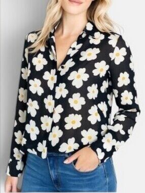 Reformation White Daisy Black Sheer Button Up Blouse Top Women's Size Large